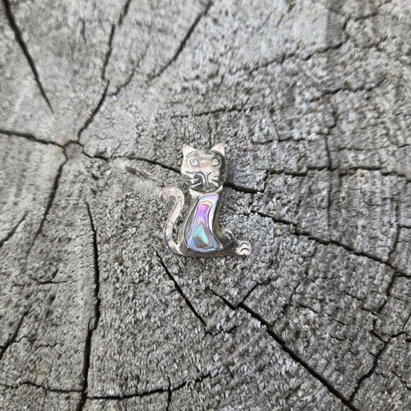 Taxco Cat Brooch Pin Abalone Shell Sterling Silver Vintage Jewelry Cute Retro - Picture 5 of 10